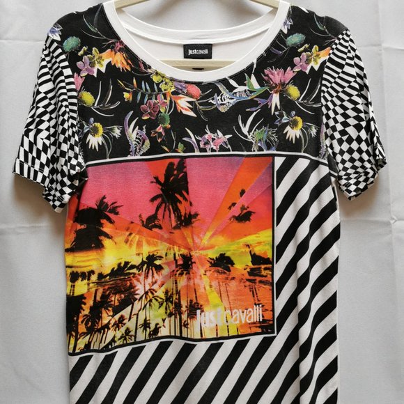 Just Cavalli Tops - Just Cavalli Summer Postcard Floral Striped Tee T-Shirt